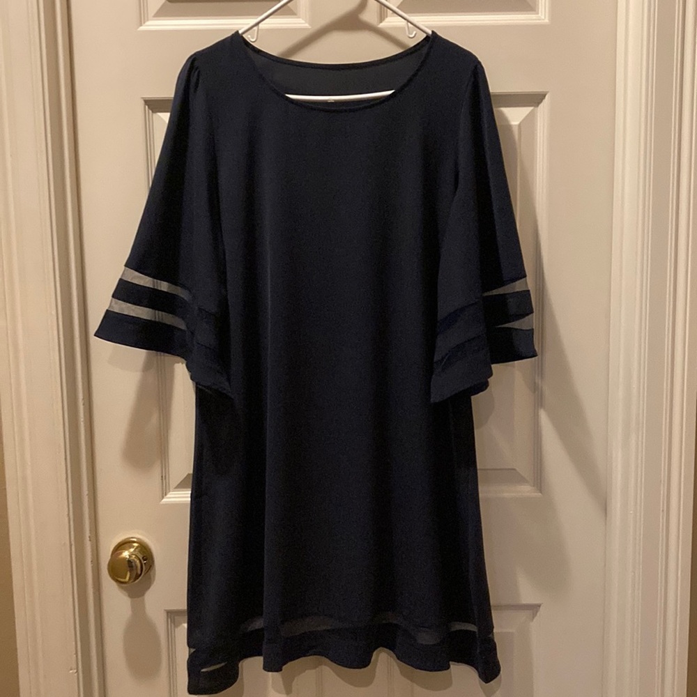 Navy Shift Dress 3/4 Bell Sleeves Size L